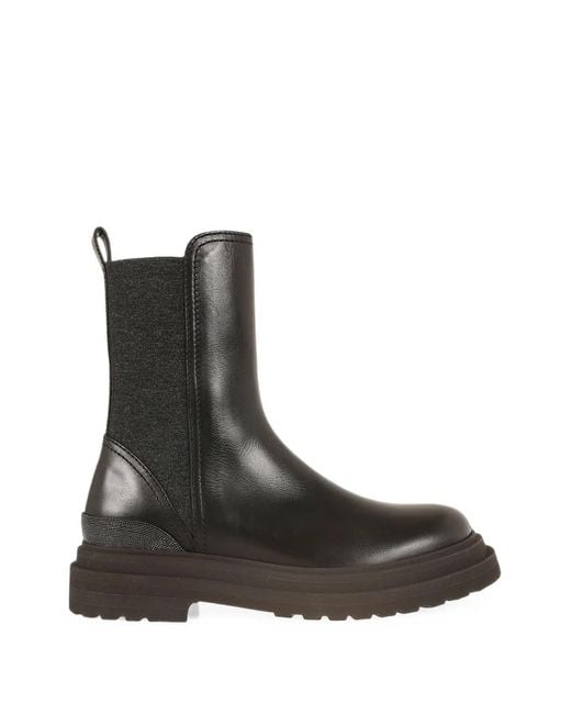 Brunello Cucinelli Black Monili-Trim Leather Ankle Boots
