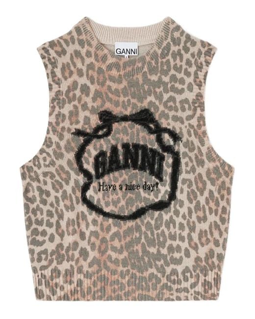 Ganni Gray Crew Neck Vest With Graphic Print