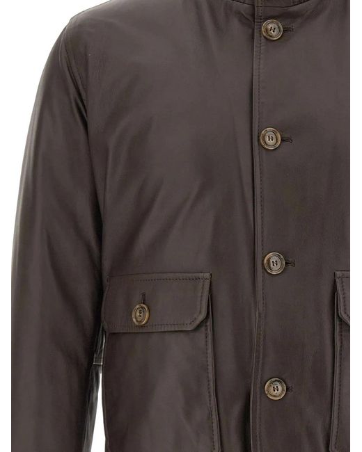 Barba Napoli Gray Vermont Ribbed-Knit Trim Leather Jacket for men