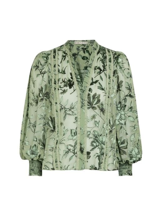 Alice + Olivia Green Floral-Print Lace-Trim Blouse