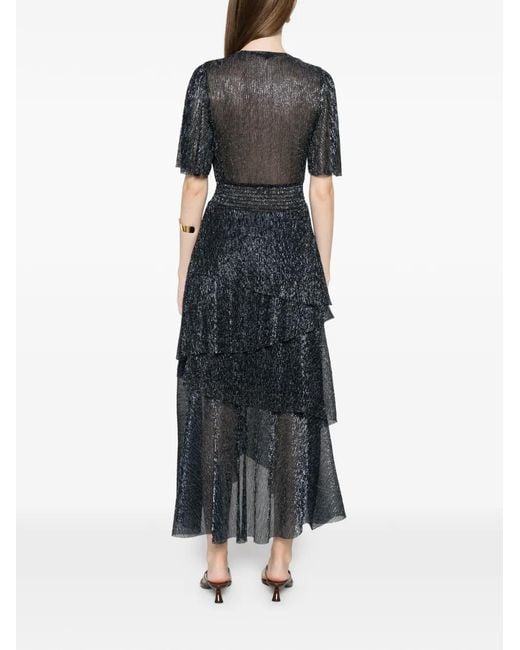 Maje Blue Metallic Ruffled Midi Dress