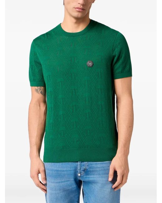 Philipp Plein Green Monogram-Pattern T-Shirt for men