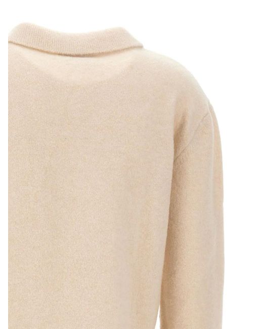 Laneus Natural Long-Sleeve Ribbed Polo Top