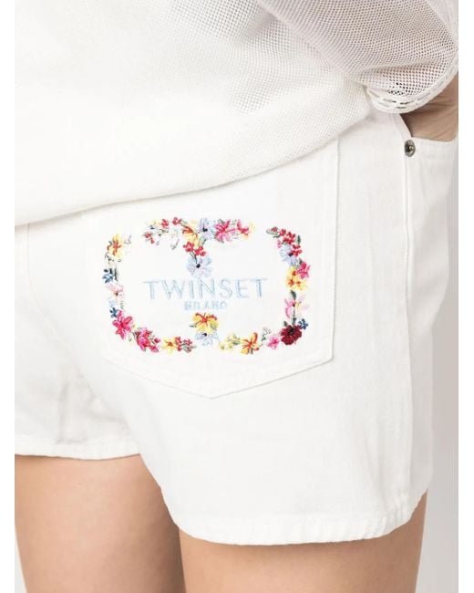 Twinset White Embroidered-Logo Denim Shorts