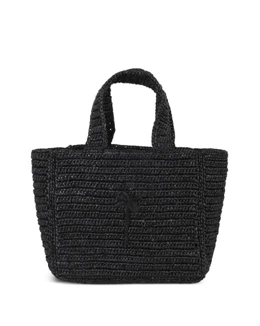 Manebí Black Palm-Tree Embroidered Raffia Tote Bag
