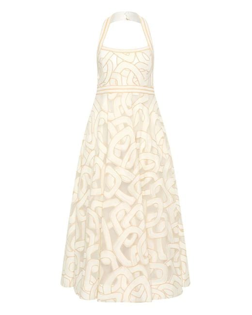 Rebecca Vallance White Irena Halter-Neck Embroidered-Pattern Midi Dress