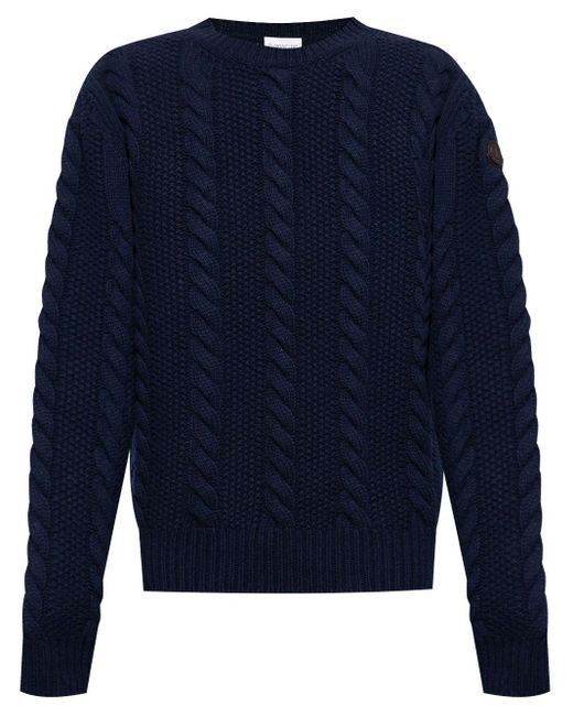 Moncler Blue Logo-Patch Cable Knit Sweater for men