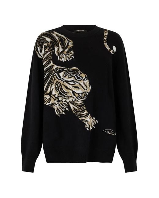 Roberto Cavalli Black Tiger-Print Crew-Neck Sweater