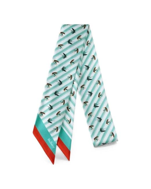 Mulberry Blue Feather-Lure-Print Striped Scarf