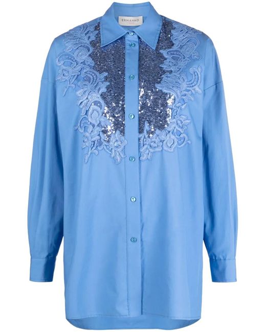 ERMANNO FIRENZE Blue Sequin-Embellished Floral-Lace Shirt