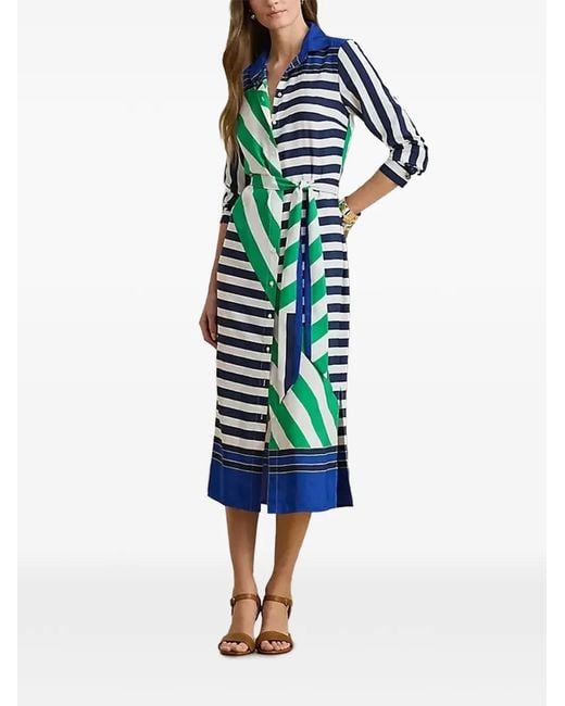 Ralph Lauren Blue Striped Tie-Waist Midi Shirt Dress