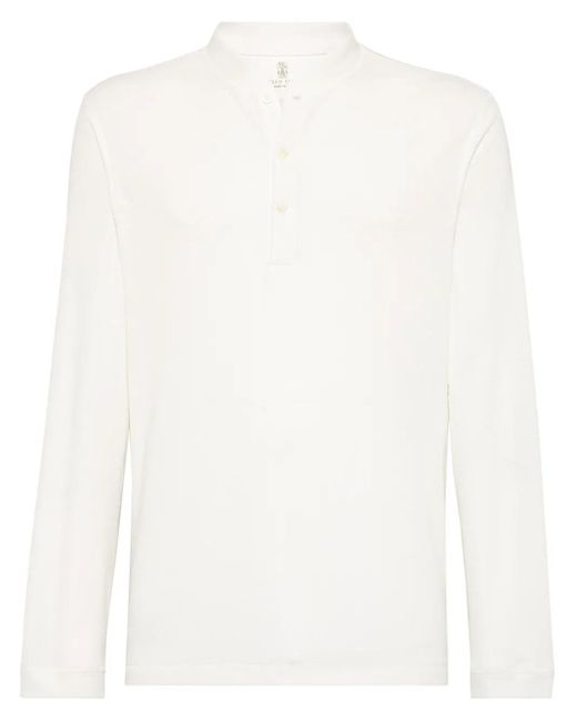 Brunello Cucinelli White Long-Sleeved Henley T-Shirt for men