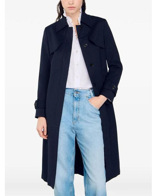 Sandro Blue Trench Coat With Pleated Inset