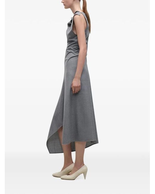 Victoria Beckham Gray Light Mélange Virgin Wool Asymmetric Draped Midi Dress