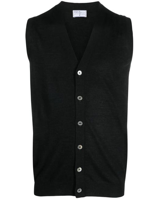 Fedeli Black V-Neck Sleeveless Virgin-Wool Cardigan for men
