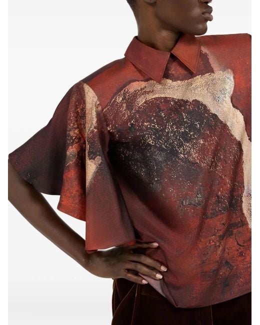 Roberto Cavalli Red Marble-Print Silk Blouse