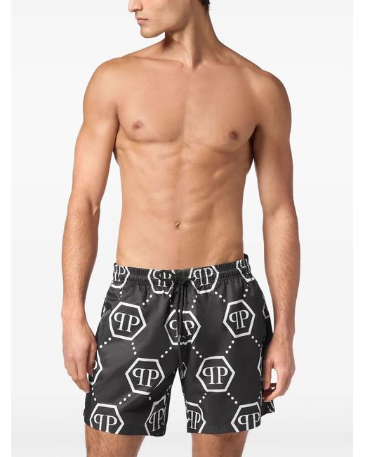 Philipp Plein Black Monogram Drawstring Swim Shorts for men