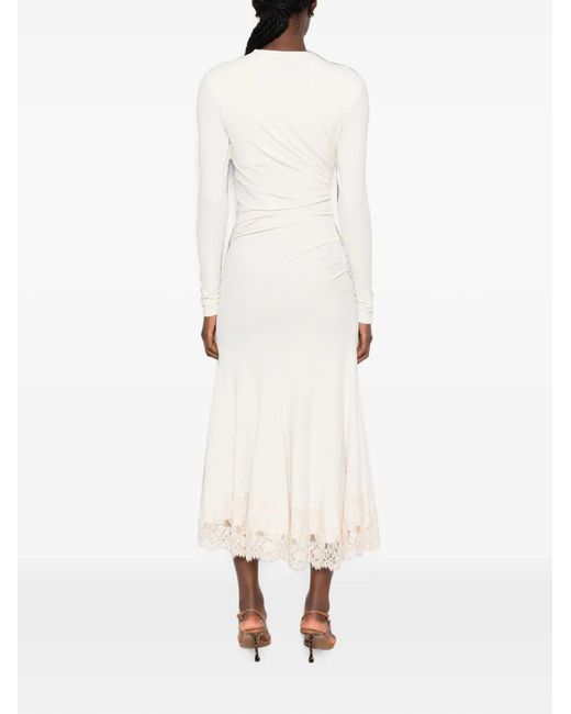 Alberta Ferretti White Lace-Trim Ruched Midi Dress
