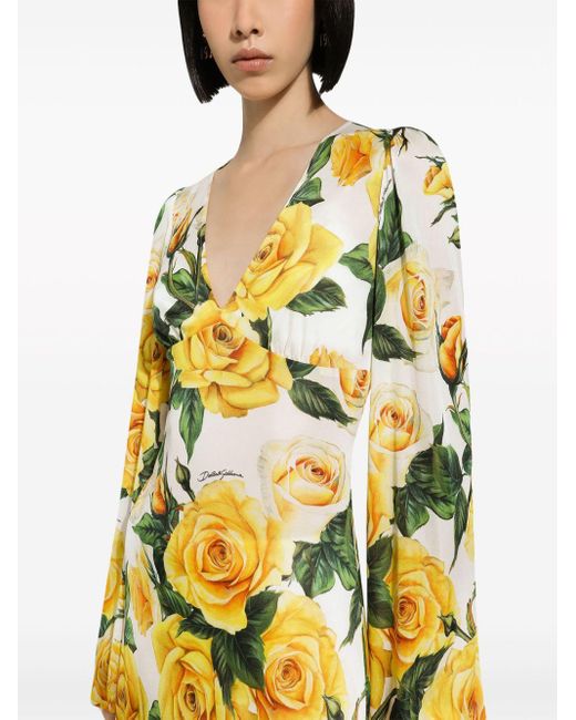 Robe mi-longue à roses imprimées Dolce & Gabbana en coloris Metallic