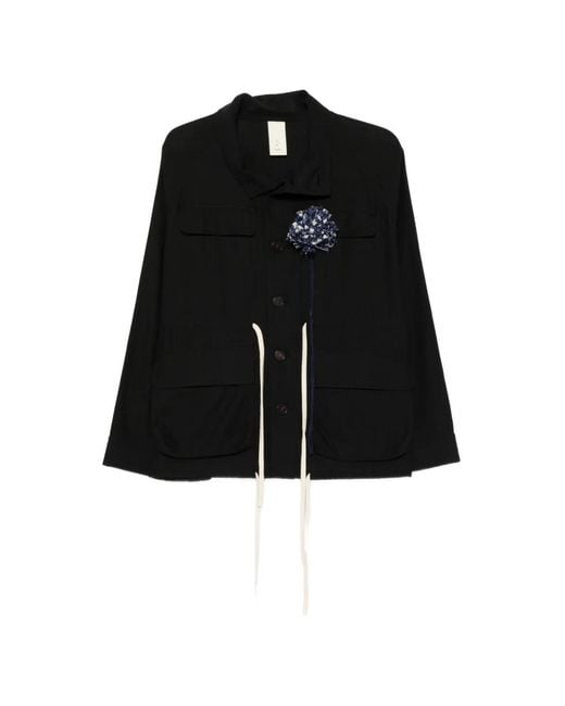 SOH Black Floral-Appliqué Drawstring Jacket