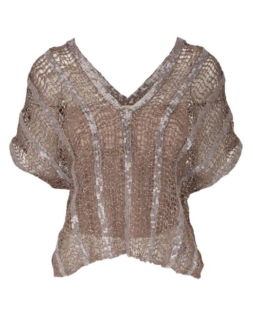 Brunello Cucinelli Brown Sequin-embellished Open-knit Top