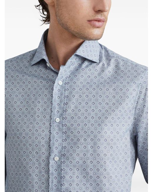 Brunello Cucinelli Blue Geometric-Pattern Cotton Shirt for men