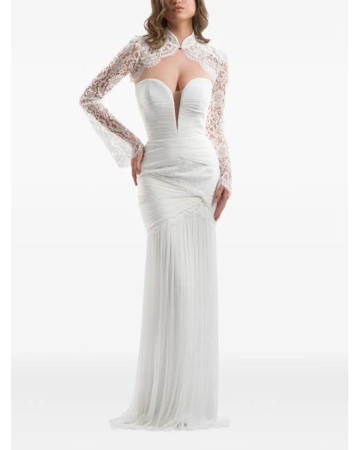 IMROSKA White Crystal Forest Pleated Draped-Bodice Gown