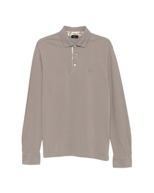 Etro Gray Pegaso-Embroidered Long-Sleeve Polo Shirt for men
