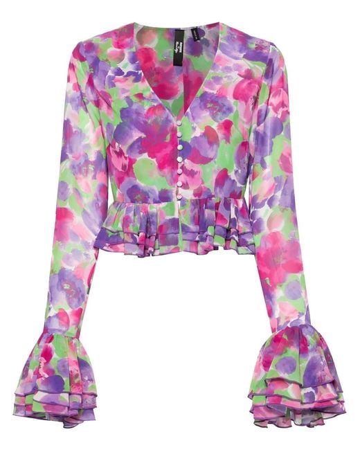 ROTATE BIRGER CHRISTENSEN Pink Floral-Print Cropped Blouse