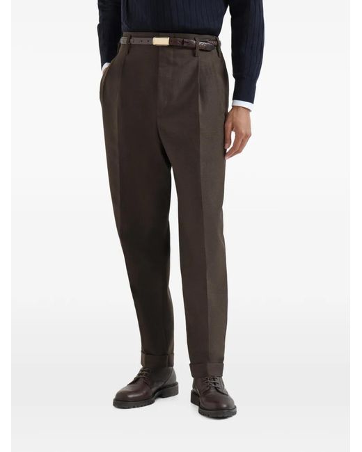 Brunello Cucinelli Gray Virgin-Wool Diagonal Trousers With Double Pleats for men