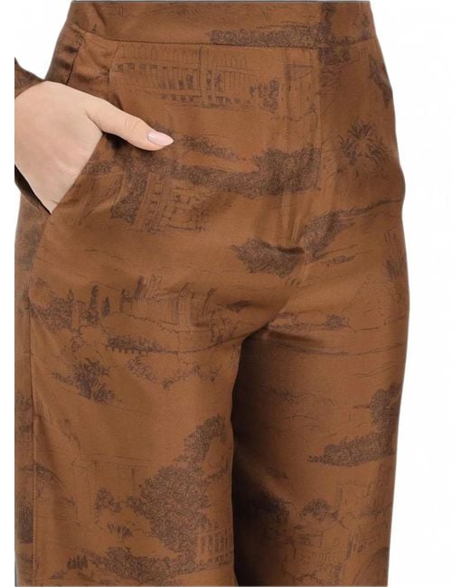 Max Mara Brown All-Over Print Silk Trousers