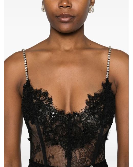 Nissa Black 3D Floral Embellished Lace Maxi Dress