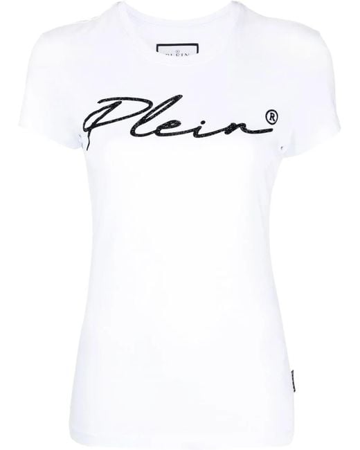 Philipp Plein White Logo-Print Embellished T-Shirt
