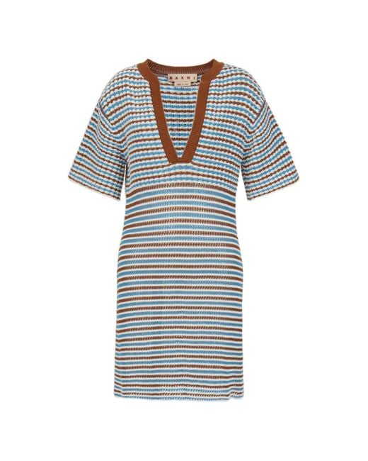 Marni Blue Striped Cotton Crochet Dress