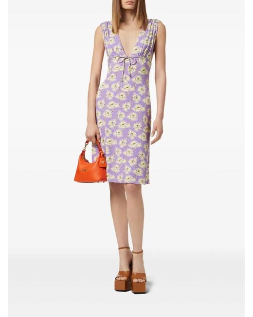 Versace Purple Poppies V-Neck Midi Dress