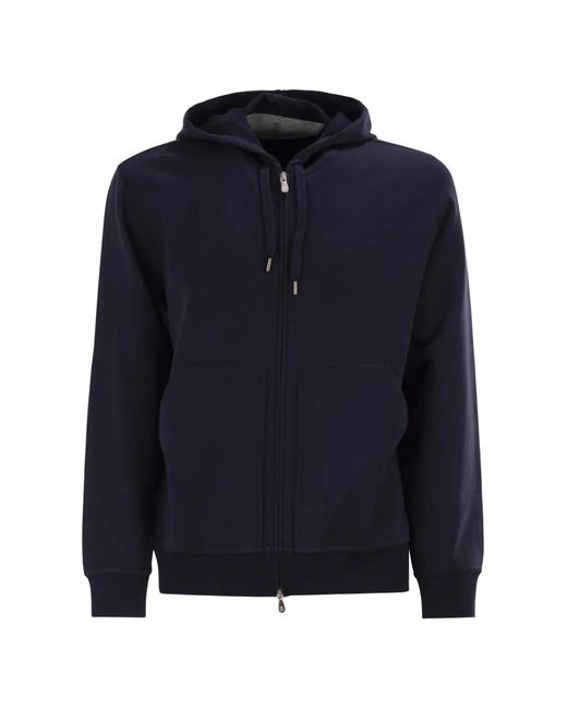 Brunello Cucinelli Blue Cotton Fleece Topwear With Zip And Hood for men