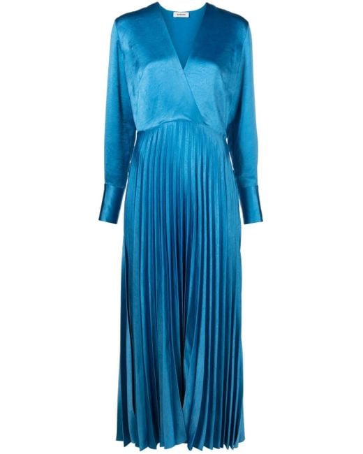 Sandro Blue Pleated Satin Maxi Dress