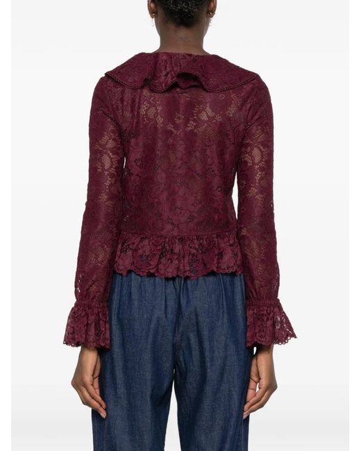 Self-Portrait Red Ruffled Lace-Overlay Top
