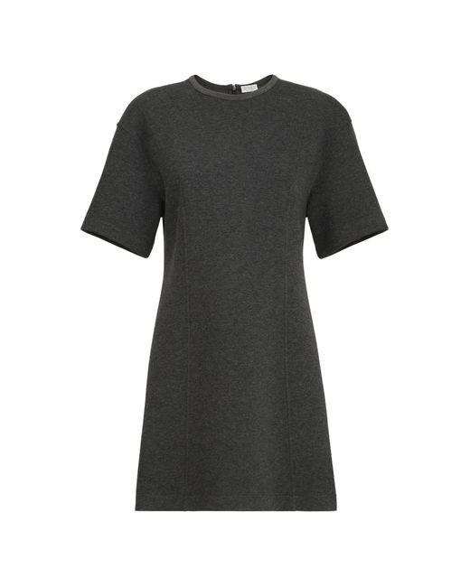 Brunello Cucinelli Black Techno Cotton And Cashmere Interlock T-Shirt Dress With Precious Collar