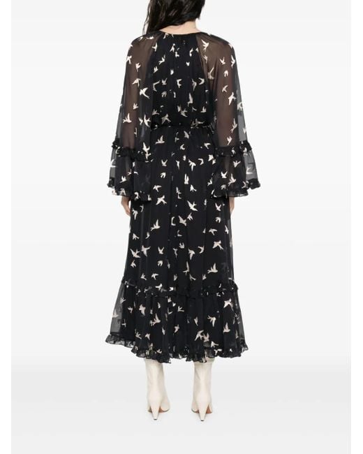 Zimmermann Black Bird Print Dress With Ruffles