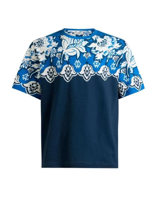 Etro Blue Cotton T-Shirt With Placed Floral Print for men