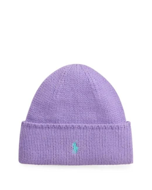 Polo Ralph Lauren Purple Embroidered-Pony Wool Beanie Hat