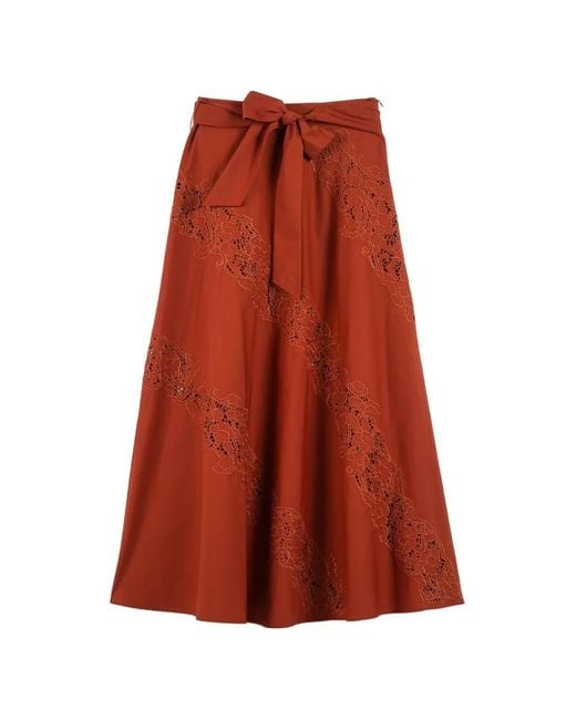 Twinset Red Long Poplin And Broderie Anglaise Skirt