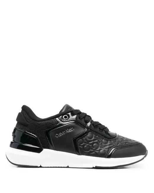 Calvin Klein Black Leather Monogram-Pattern Sneakers
