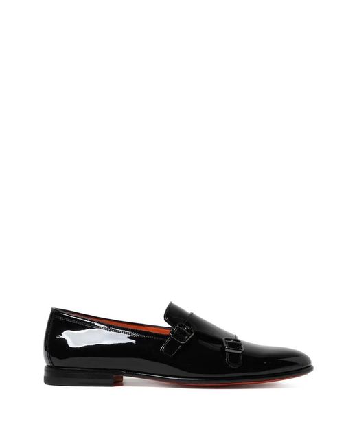 Santoni Black Double-Strap Patent-Leather Loafers for men