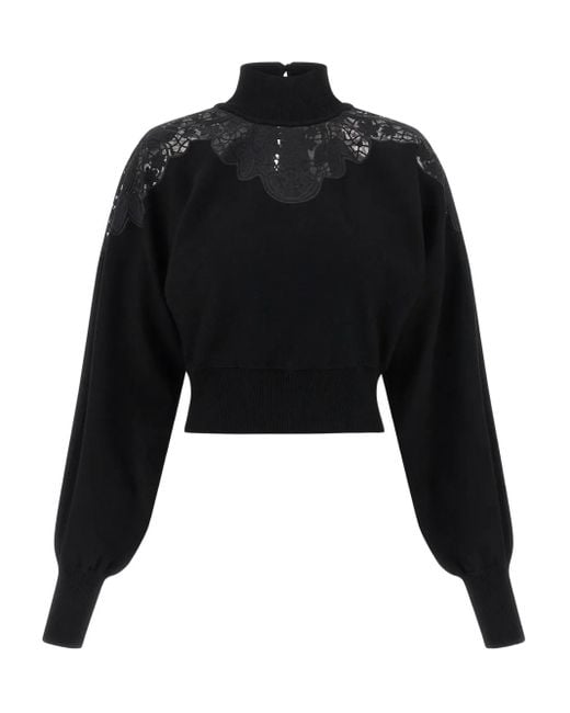 Twinset Black Lace-Insert High-Neck Sweater