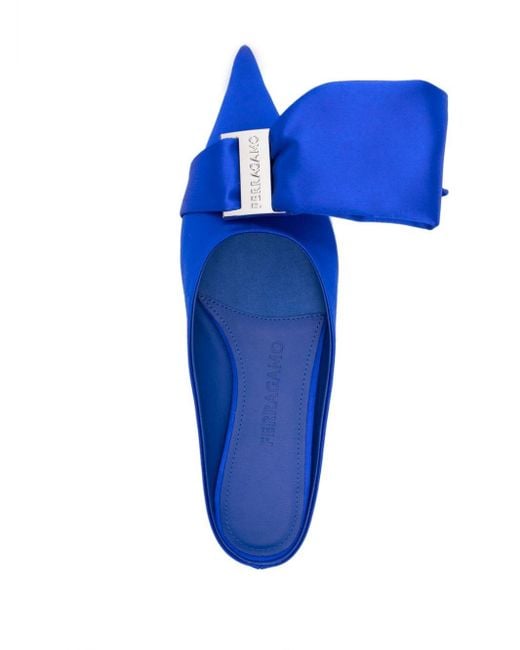 Ferragamo Blue Asymmetric-bow Satin Mules