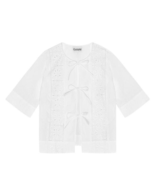 Ganni White Embroidered Tie Blouse