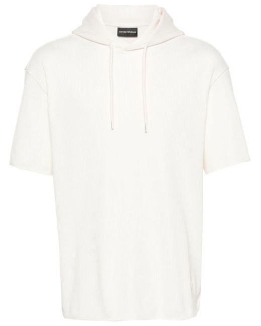 Emporio Armani White Ribbed Short-sleeve Hoodie for men