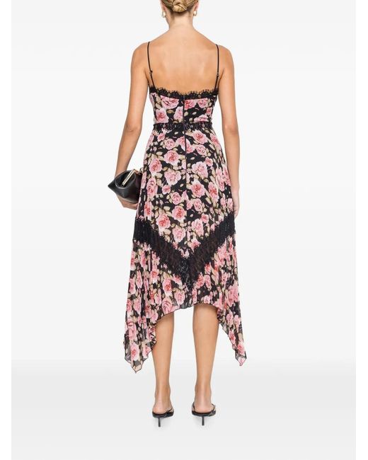 Nissa Red Pleated Floral Midi Dress